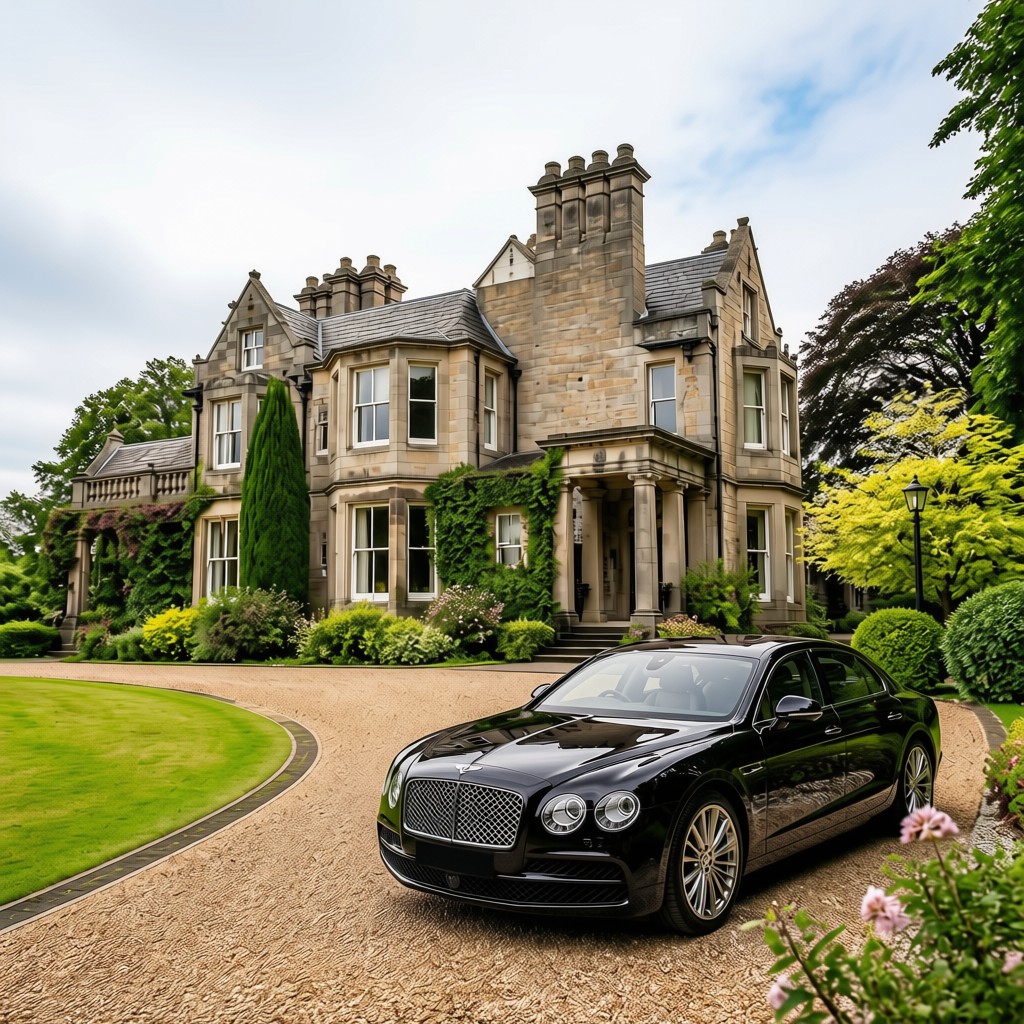 Large country house with established gardens and prestige vehicle